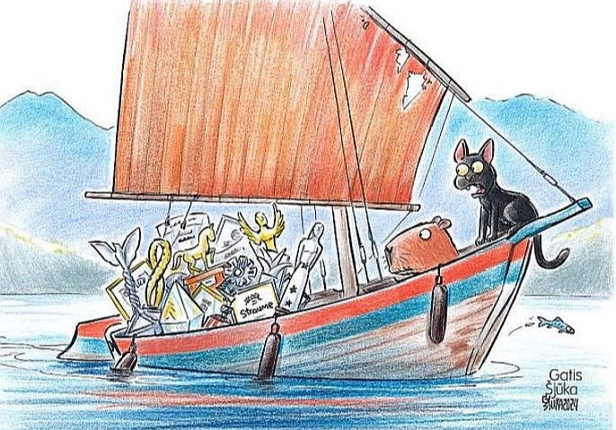"Latvijas Avīzes" karikatūrists Gatis Šļūka šādi jau pirms diviem mēnešiem attēloja "Straumes" varoņu ceļu ar balvām. "Latvijas Avīzes" karikatūrists Gatis Šļūka šādi jau pirms diviem mēnešiem attēloja "Straumes" varoņu ceļu ar balvām.