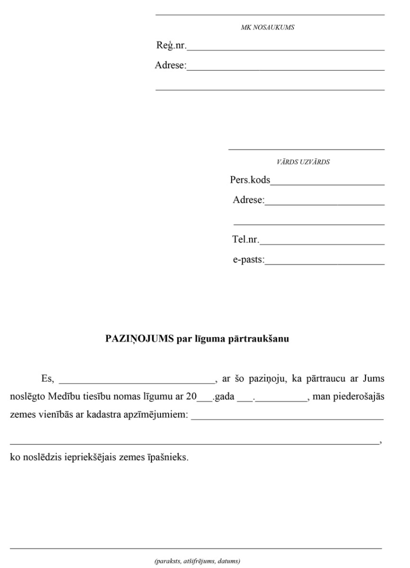 Paziņojums, ka līgums tiek pārtraukts.