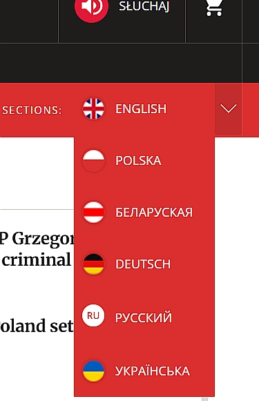 Polijas sabiedriskā medija "Polskie Radio" mājaslapā valodu izvēlnē katrai no piedāvātajām valodām attēlots atbilstīgās valsts karogs, izņemot krievu valodu. Polijas sabiedriskā medija "Polskie Radio" mājaslapā valodu izvēlnē katrai no piedāvātajām valodām attēlots atbilstīgās valsts karogs, izņemot krievu valodu.