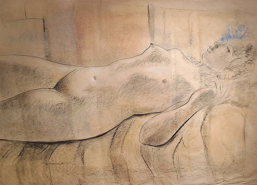 Kurts Fridrihsons (1911–1991). Guļošā (1960. gadi, papīrs, ogle, krāsainie zīmuļi, 680 x 940 mm). Kurts Fridrihsons (1911–1991). Guļošā (1960. gadi, papīrs, ogle, krāsainie zīmuļi, 680 x 940 mm).