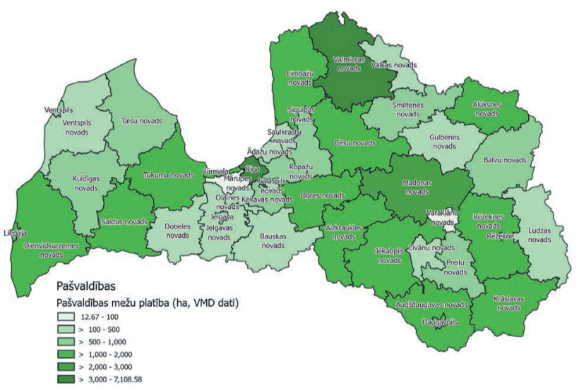 Līdz 100 ha pieder divām divām pašvaldībām; 101–500 ha – divpadsmit; 501–1000 ha – desmit, 1001–2000 ha – piecpadsmit, 2001–3000 ha – vienai, vairāk nekā 3000 ha – divām pašvaldībām. Rīgas pašvaldībai pieder – 61 700 ha. Līdz 100 ha pieder divām divām pašvaldībām; 101–500 ha – divpadsmit; 501–1000 ha – desmit, 1001–2000 ha – piecpadsmit, 2001–3000 ha – vienai, vairāk nekā 3000 ha – divām pašvaldībām. Rīgas pašvaldībai pieder – 61 700 ha.