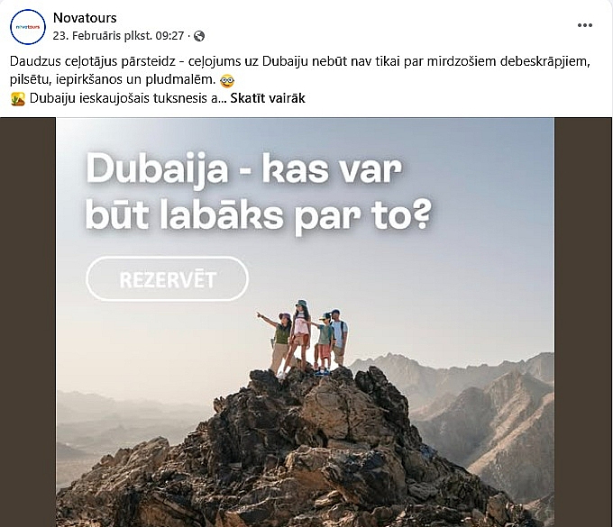 Vēl pagājšnedēļ tūroperatori "Novatours" un "Tez Tour" sociālajos tīklos aicinoši reklamēja ceļojumus uz Dubaiju, taču saspīlētās situācijas Tuvajos Austrumos dēļ lidojumi šonedēļ atcelti. Vēl pagājšnedēļ tūroperatori "Novatours" un "Tez Tour" sociālajos tīklos aicinoši reklamēja ceļojumus uz Dubaiju, taču saspīlētās situācijas Tuvajos Austrumos dēļ lidojumi šonedēļ atcelti.