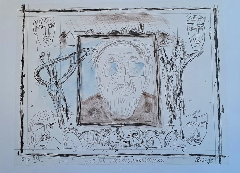 Leonīds Āriņš. "Vecais mākslinieks". 1990, p., tuša, zīm., akv., 64 x 49,5 Leonīds Āriņš. "Vecais mākslinieks". 1990, p., tuša, zīm., akv., 64 x 49,5