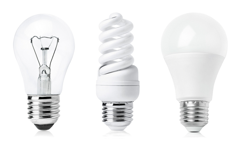 No kreisās: kvēlspuldze, luminiscentā jeb ekonomiskā spuldze un LED spuldze.
