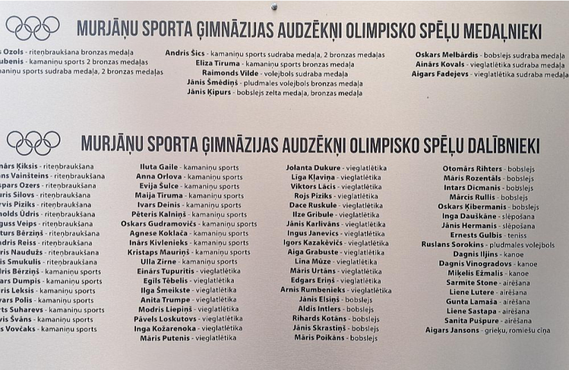 Murjāņu sporta ģimnāzijas slavas zāle – pie ieejas saraksts ar olimpiskajiem medaļniekiem, skolas absolventiem. Tiesa, plāksnē trūkst pēdējo laiku panākumu.