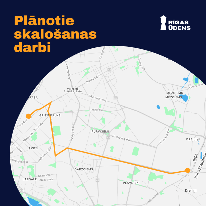 Plānoto skalošanas darbu attēlojums kartē.