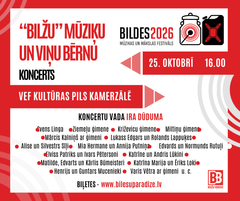 Festivāla "BILDES 2026" mūziķu un viņu bērnu koncerta afiša.