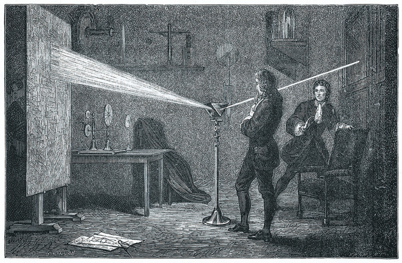 Īzaks Ņūtons kopā ar Kembridžas istabas biedru Džonu Vikensu, eksperimentējot ar prizmu, lai sadalītu gaismu spektrā. 1874. gada gravīra.