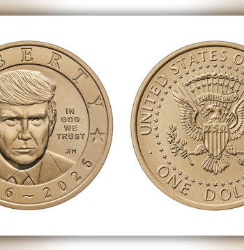 Viena dolāra piemiņas monēta ar prezidenta Donalda Trampa attēlu.