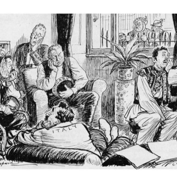 Britu karikatūra par Parīzes konferenci: sakautās valstis gaida savu likteni. Britu karikatūra par Parīzes konferenci: sakautās valstis gaida savu likteni.