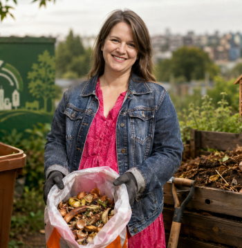"Komposts LV" un "Zero Waste Latvija" eksperte Zane Kopštāle rāda, kā pareizi kompostēt, ik pa laikam iejaucot bioloģiskajos atkritumos sausas lapas un saplēstus papīrus.