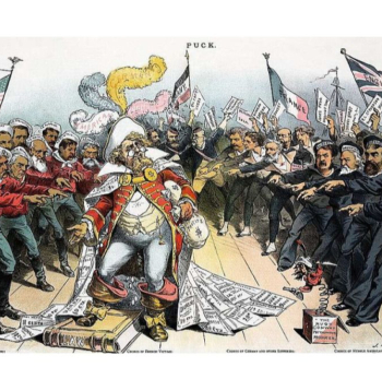 Valstis un autori nosoda pirātismu – 1886. gada angļu karikatūra.