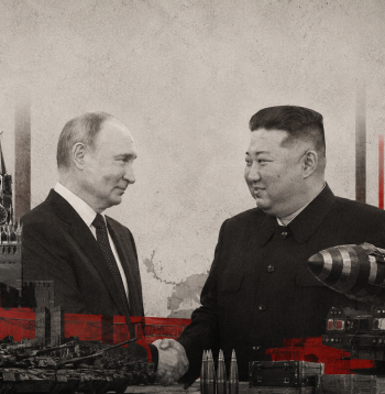 Ilustratīva kolāža par Krievijas un Ziemeļkorejas līderu Vladimira Putina un Kima Čenuna sadarbību.