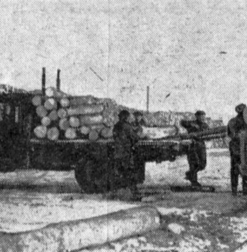 Baļķu iekraušana Bauskas dzelzceļa stacijā 1955. gadā.