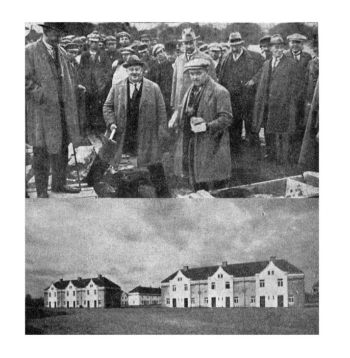 Pamatakmens likšana un Liepājas ielas rindu mājas 1927. gadā. Pamatakmens likšana un Liepājas ielas rindu mājas 1927. gadā.