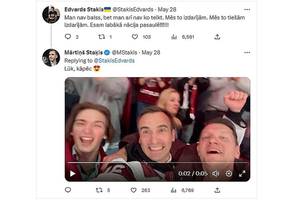 Mārtiņš Staķis sociālajos tīklos publiskojis videoierakstu, kur 28. maijā hokeja spēles skatītāju rindās Tamperē redzams kopā ar dēlu.