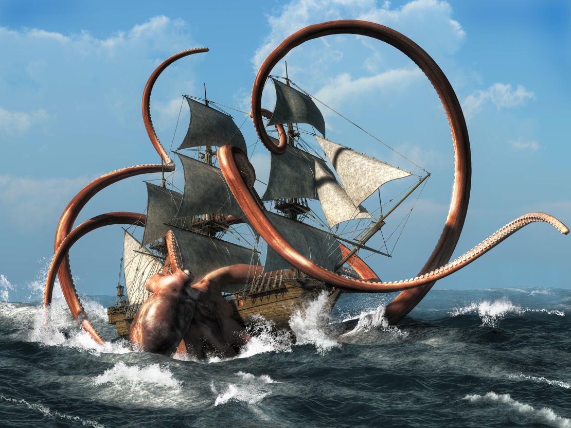 Krakens – briesmonis skandināvu folklorā, izskatās kā milzu astoņkājis vai kalmārs un spēj nogremdēt kuģus. 3D ilustrācija.