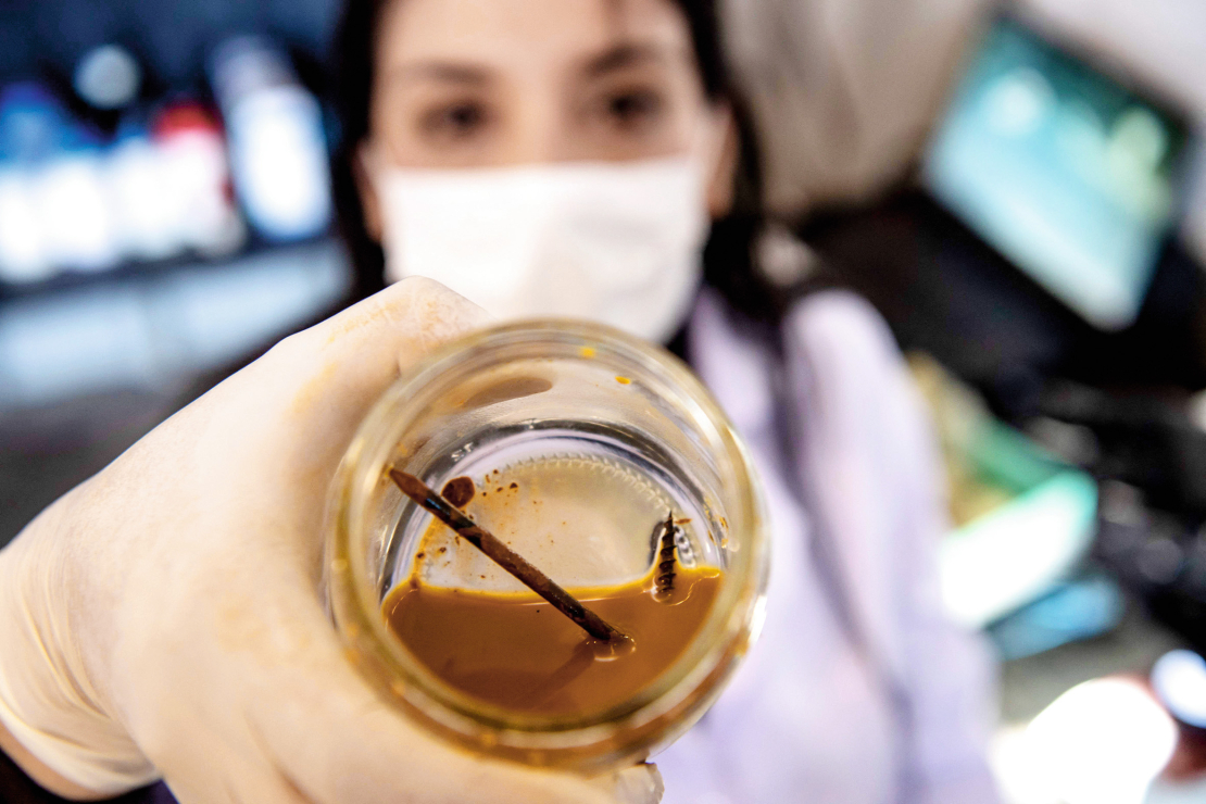 Čīles biotehnologs Nadaks Realess rāda naglu un skrūvi burkā ar metālēdāju baktērijām. 