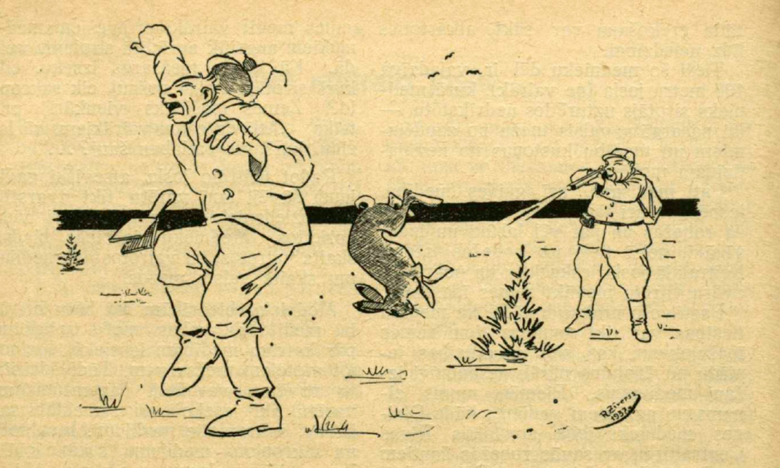 Karikatūra izdevumā "Mednieks un Makšķernieks" (15.10.1938.).
