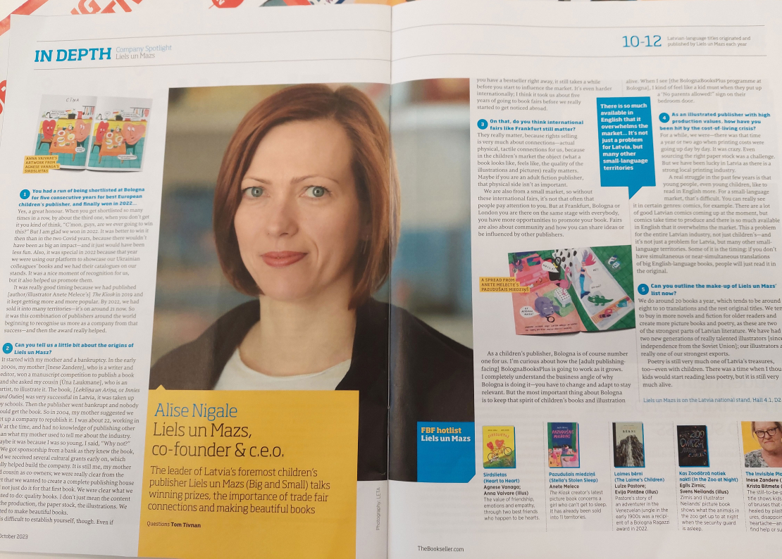 Frankfurtes grāmatu tirgus. "The Bookseller" izstādes speciālizdevuma 19.10.2023 intervija ar Alīsi Nīgali.