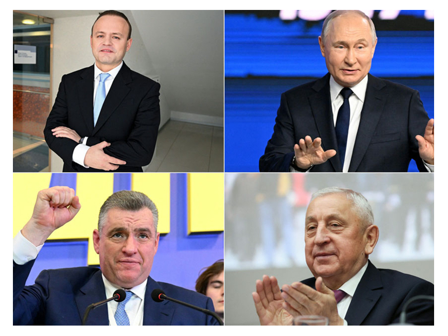 Krievijas diktators Vladimirs Putins (augšā pa labi) ir parūpējies, lai prezidenta vēlēšanās viņam nebūtu nopietnas konkurences. Vēlēšanām pielaisti trīs
kandidāti no Putinam lojālām partijām, kuri nekādā veidā neapdraud Kremļa saimnieka pozīcijas. Tie ir Vladislavs Davankovs no partijas “Jaunie ļaudis” (augšā pa kreisi), Žirinovska pēctecis Leonīds Sluckis (apakšā pa kreisi) un Krievijas komunistu pārstāvis Nikolajs Haritonovs (apakšā pa labi).