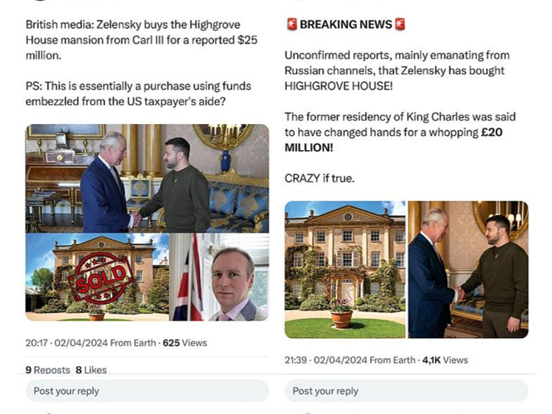 Ar ziņu par karaļa Čārlza un Zelenska it kā notikušo miljonu darījumu vietnē "X" (iepriekš "Twitter") dāsni dalījušies gan privātie, gan šķietami mediju konti. Daudzi no tiem pārstāv Krievijas koordinētu interneta troļļu armiju.