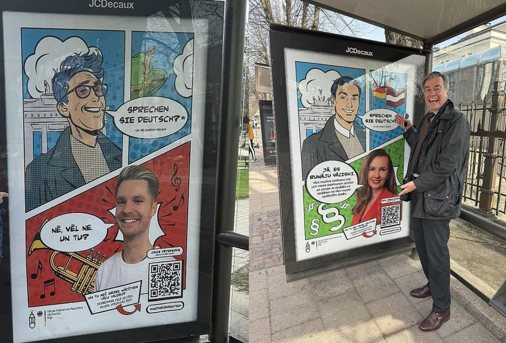 Lai vairotu vācu valodas skolotāju skaitu, uzsākta arī sadarbība ar Vācijas vēstniecību Latvijā, kā arī Gētes institūtu Rīgā. Aprīlis Latvijā arī izsludināts par Vācu valodas mēnesi. Attēlā – Vācijas vēstnieks Latvijā Kristians Helts pie viena no Rīgā izvietotajiem plakātiem, kurā parādītas atbildes, ko dažādas Latvijas personības atbildējušas uz jautājumu: "Vai jūs runājat vāciski?"