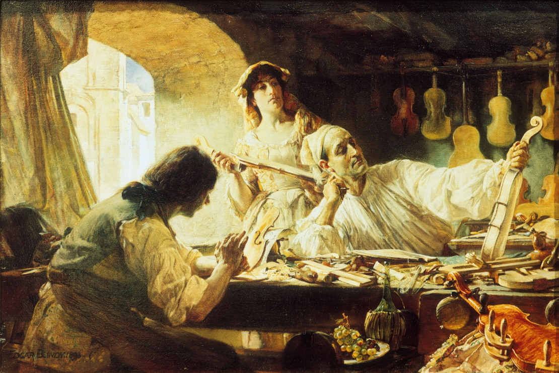 Vijoļu meistara Antonio Stradivaru darbnīcā.
Edgara Bandija (Edgar Bundy) glezna, 1893. Eļļa uz koka.