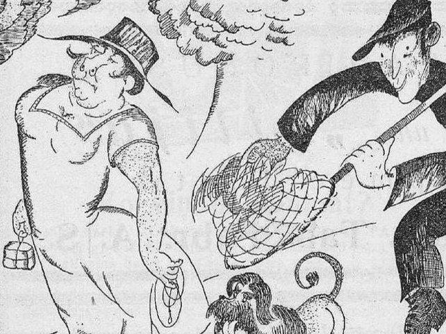 20. gs. 20. gadu karikatūra par suņķērājiem.