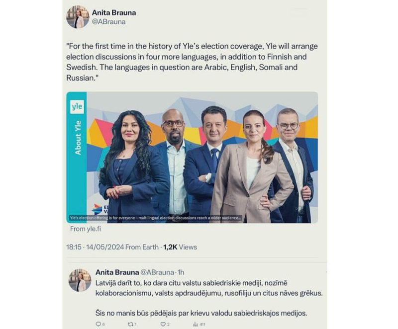 Latvijas Radio galvenās redaktores Anitas Braunas ieraksts sociālajos tīklos sacēla lielu diskusiju vētru sociālajos tīklos. Viņai aizrādīja, ka minētais raidījums Somijā nebija partiju kandidātu priekšvēlēšanu debates krievu valodā, bet gan raidījums, kurā par politiku tika iztaujāti emigranti. Situācijas nav salīdzināmas, jo Somijas sabiedriskais medijs politiķu debates svešvalodā nerīko. Turklāt, runājot kopumā par krievu valodas klātbūtni sabiedriskajos medijos, arī tās ir nesalīdzināmas lietas, ņemot vērā Latvijā izmainīto demogrāfisko sastāvu un rusifikācijas politiku padomju okupācijas gados. Latviešiem joprojām “pastāvīgi jācīnās ar daudzās jomās dominējošo krievu valodu pat bez oficiāla statusa”, raksta sociālo tīklu lietotāji.
