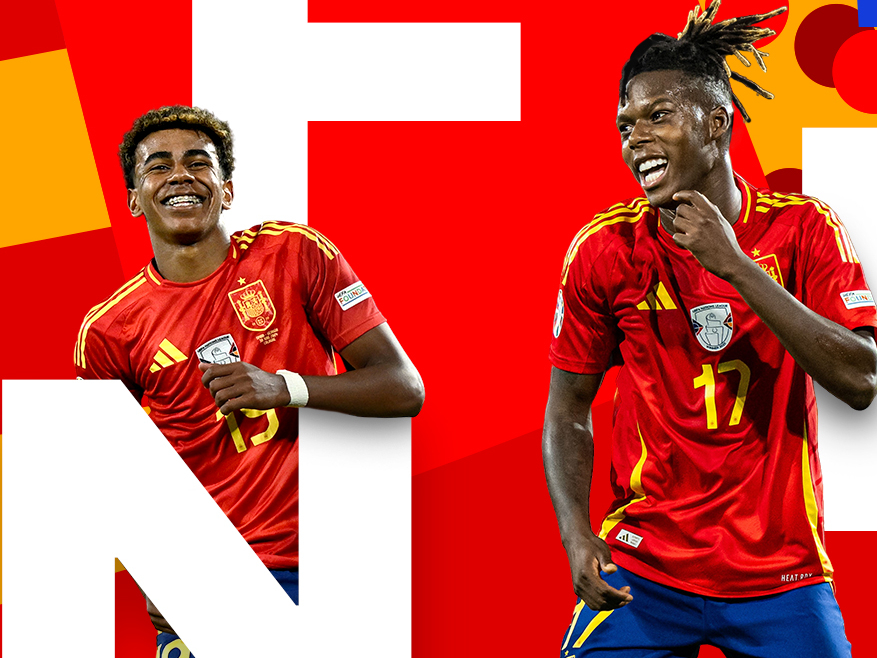 Spānijas izlases futbolisti — Lamins Jamals un Niko Viljamss.