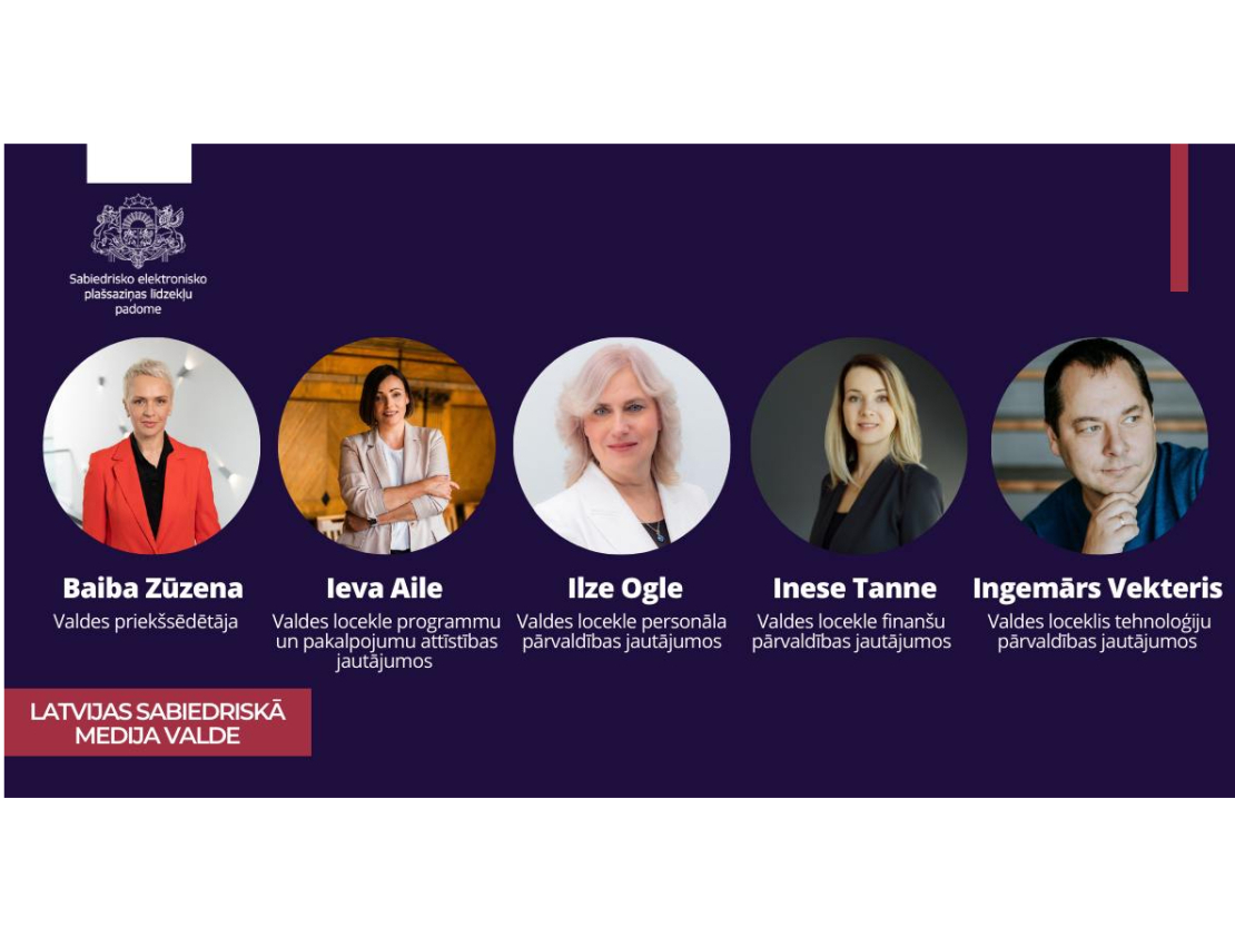 VSIA “Latvijas Sabiedriskais medijs” valde.
Par valdes priekšsēdētāju ievēlēta Baiba Zūzena, valdes locekļa programmu un pakalpojumu attīstības jautājumos amatā ievēlēta Ieva Aile, valdes locekļa finanšu pārvaldības jautājumos amatā – Inese Tanne, valdes locekļa tehnoloģiju pārvaldības jautājumos amatā – Ingemārs Vekteris un valdes locekļa personāla pārvaldības jautājumos amatā ievēlēta Ilze Ogle.