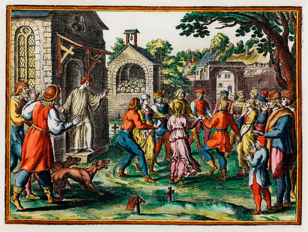 Mateusa Meriāna Vecākā gravīrā – deju epidēmija Kolbekas baznīcas pagalmā Magdeburgas diecēzē 1012. gadā. No 1630. gadā Frankfurtē izdotās “Historische Chronica”.