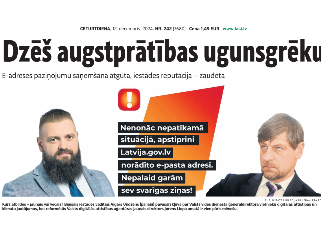 Kurš atbildēs – jaunais vai vecais? Bijušais iestādes vadītājs Aigars Undzēns (pa labi) pavasarī kļuva par Valsts vides dienesta ģenerāldirektora vietnieku digitālās attīstības un klimata jautājumos, bet reformētās Valsts digitālās attīstības aģentūras jaunais direktors Jorens Liopa amatā ir vien pāris mēnešu.