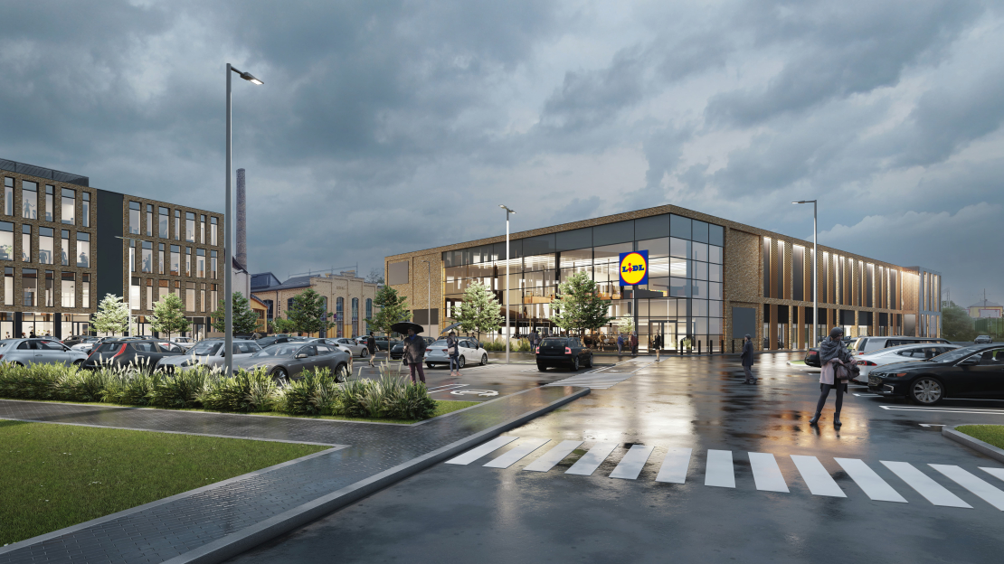Rīgā, Lāčplēša ielā 76 būs jauns "Lidl" veikals. Vizualizācija.