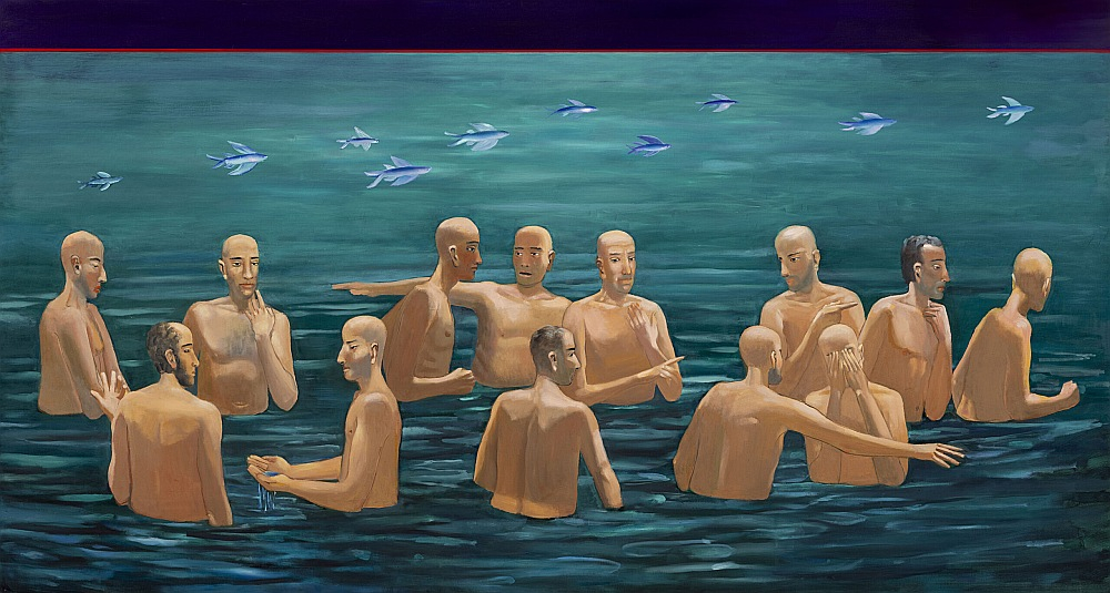 Kaspars Zariņš. "Sapulce I". Audekls, eļļa. 150 x 280 cm. 2025.