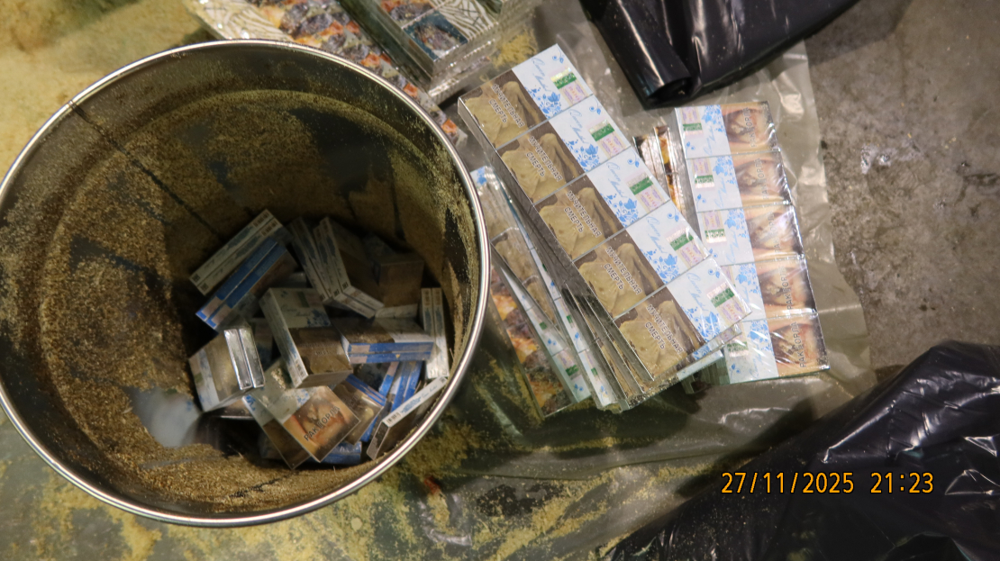 Spaiņos sabērtas zāģskaidas, bet zem tām — dažādu marku cigaretes.