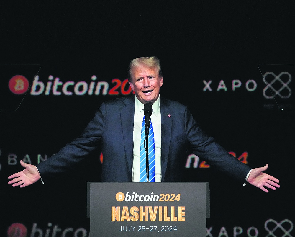 Republikāņu partijas prezidenta amata kandidāts Donalds Tramps kriptovaltūtas "Bitcoin" konferencē Nešvilā 2024. gada jūlijā.