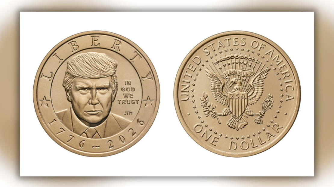 Viena dolāra piemiņas monēta ar prezidenta Donalda Trampa attēlu.
