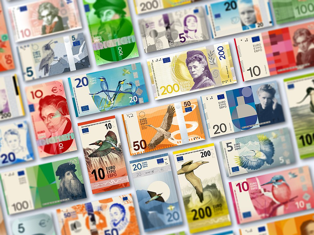 Jaunā dizaina eiro banknotes veidotas par divām tēmām – "Eiropas kultūra" un "Upes un putni".
