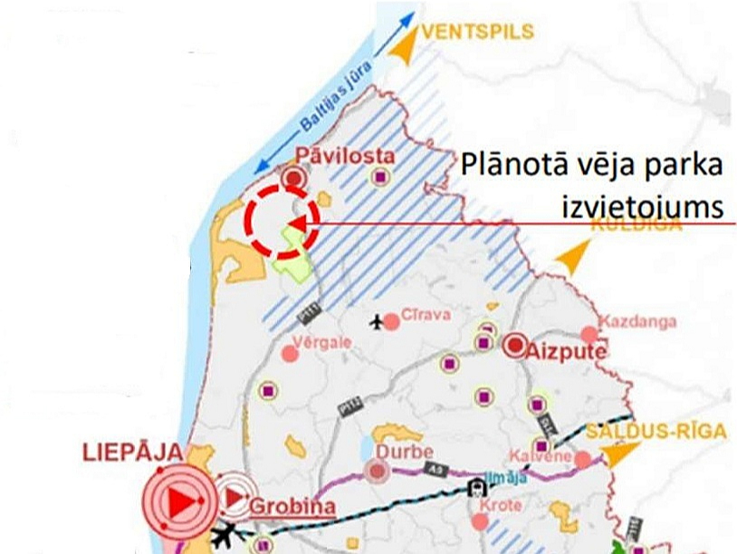 "K2 Ventum" iecerētais vēja parks atrastos mežā Sakas pagastā. Pēc projekta autoru vēstītā, tuvākās apdzīvotās vietas ir Pāvilosta (~1,7 km no parka ārējās robežas), Sakas ciems (~2 km), Ziemupes ciems (~5,5 km).
