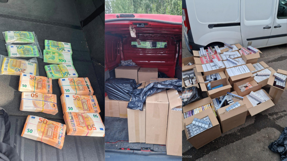 Policijas atrastās un atsavinātās cigaretes un skaidrā nauda.