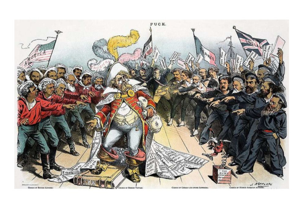 Valstis un autori nosoda pirātismu – 1886. gada angļu karikatūra.