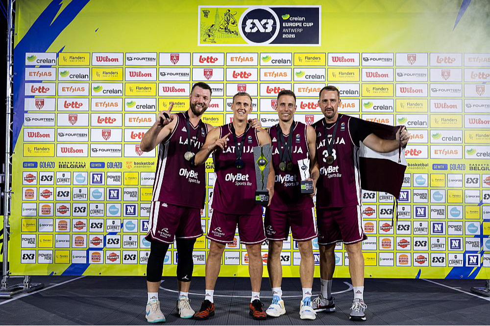2026. gada Eiropas čempioni 3x3 basketbolā – Zigmārs Raimo (no kreisās), Nauris Miezis, Kristaps Gludītis un Rihards Kuksiks. Pērn trīs no šiem vīriem izcīnīja Eiropas sudrabu, vien Gludīša vietā bija Francis Lācis.