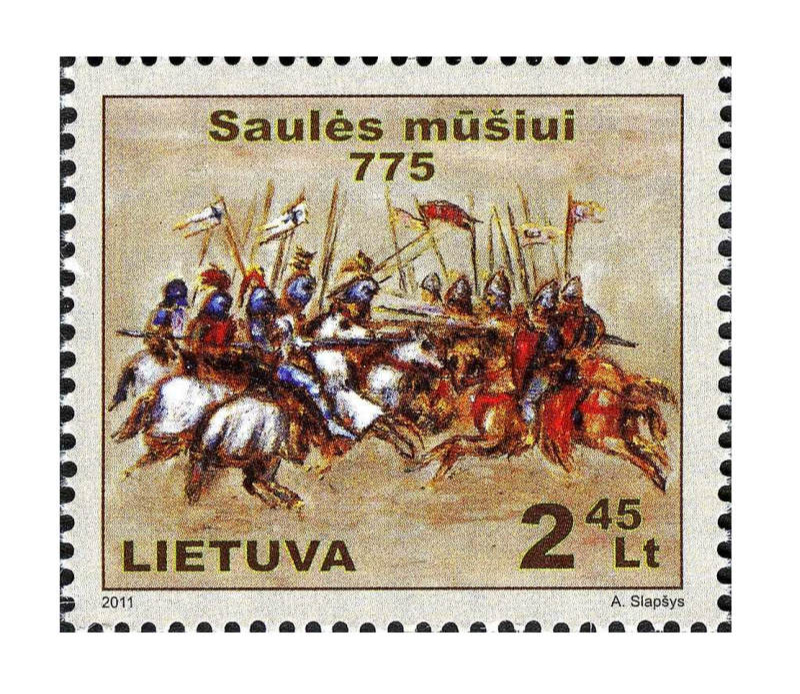 Saules kaujas gadskārtai veltīta Lietuvas pastmarka.