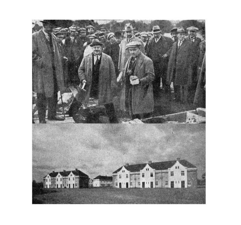 Pamatakmens likšana un Liepājas ielas rindu mājas 1927. gadā.