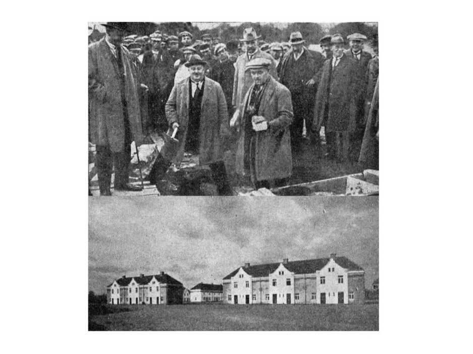 Pamatakmens likšana un Liepājas ielas rindu mājas 1927. gadā.