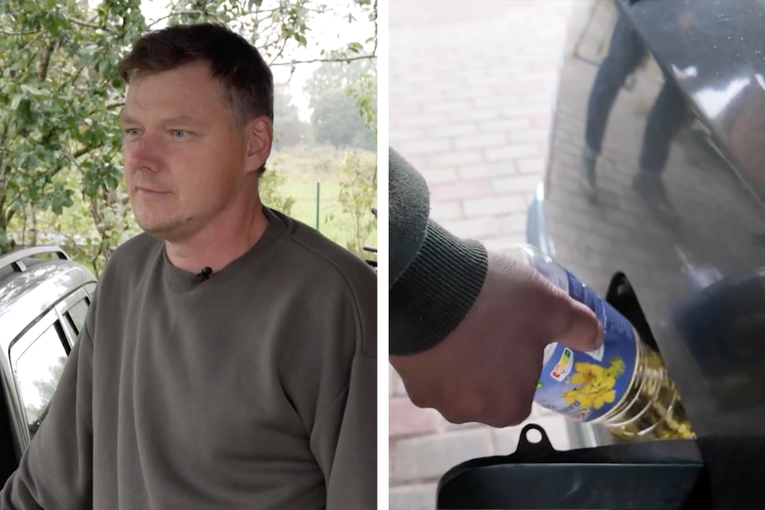 Andris automašīnas degvielas bākā lej rapšu eļļu.
