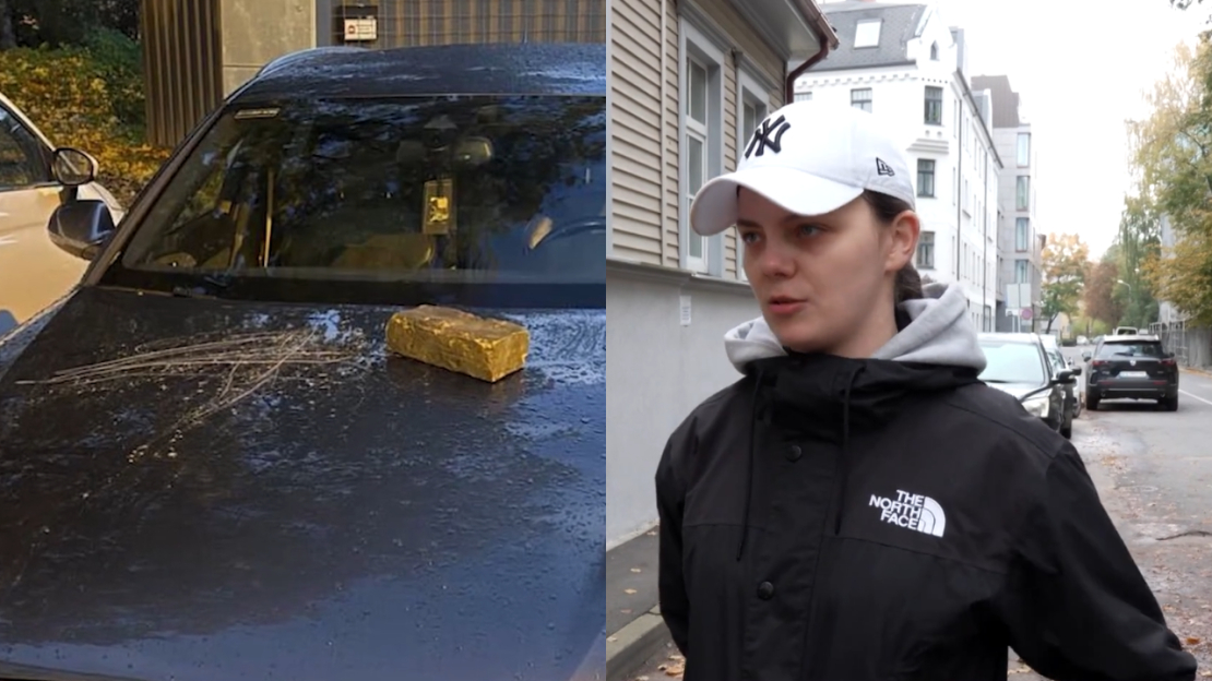 Apskādētais auto un tā īpašniece.