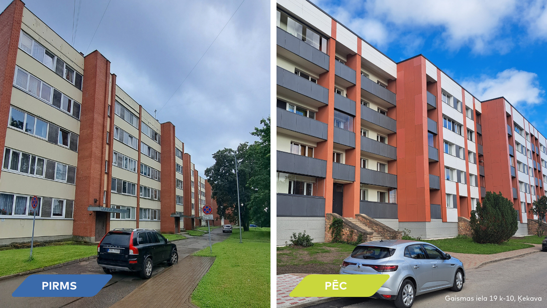 Atjaunotās daudzdzīvokļu mājas Gaismas ielas kvartālā Ķekavā.